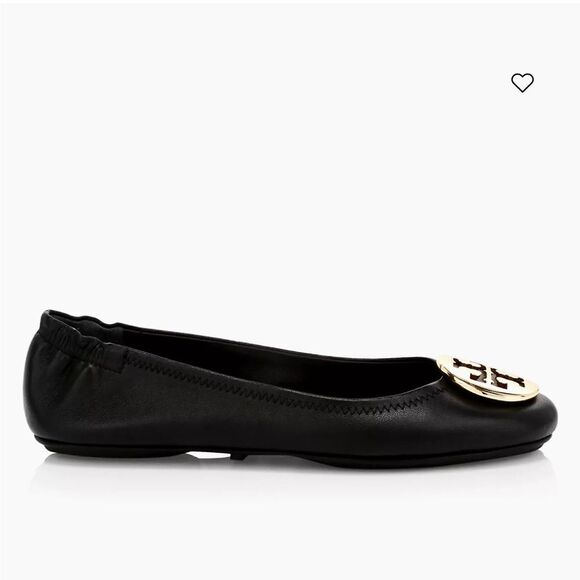 Tory Burch Iconic Black Leather Flats Silver Tone Logo Plate sz 8 Luxury Elegant - Picture 2 of 13